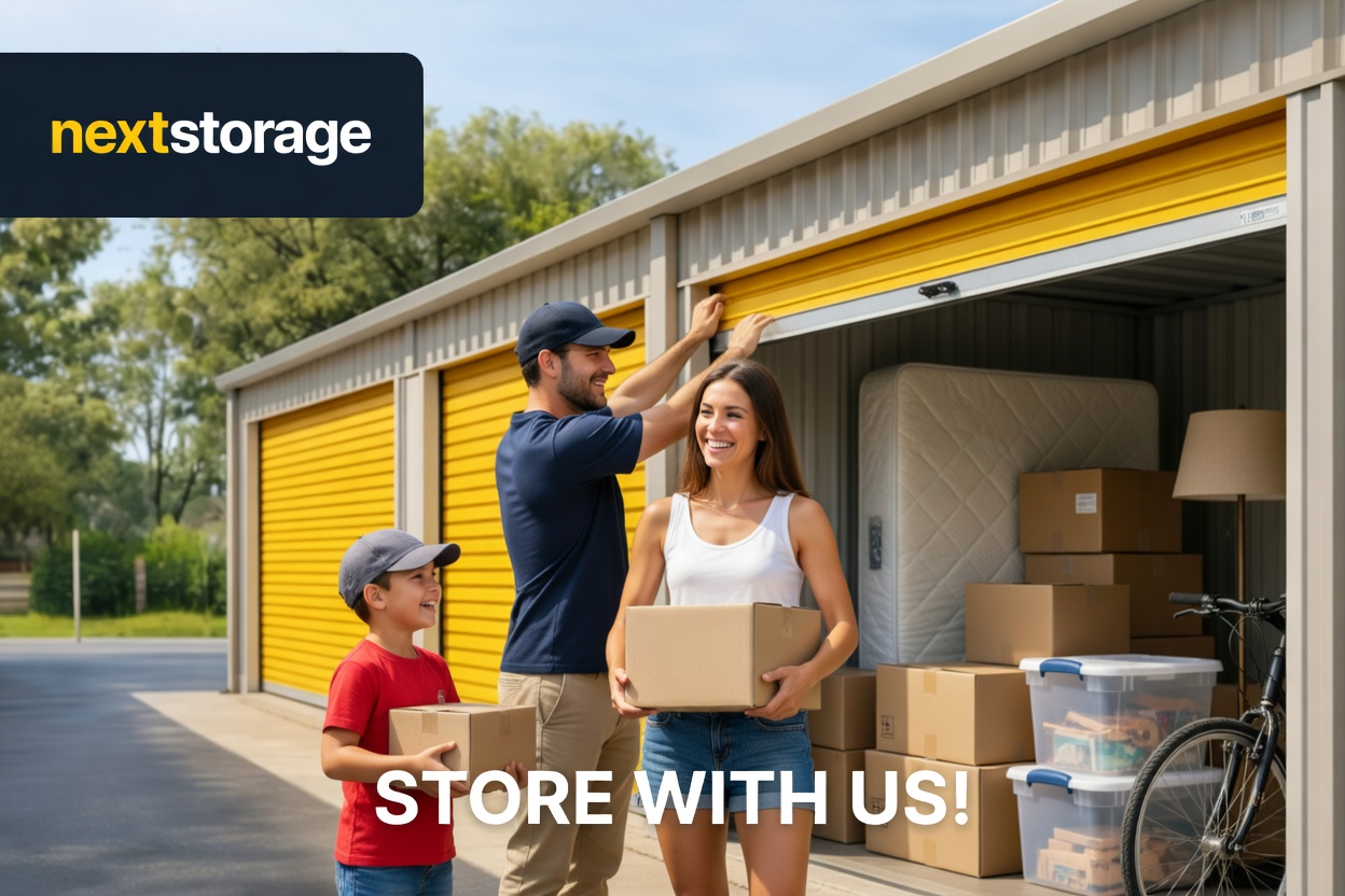 Next Storage - family at storage unit with Store With Us branding