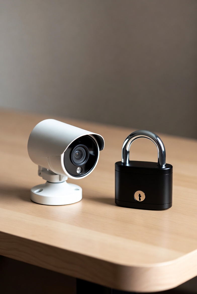 Security camera and padlock protecting storage units